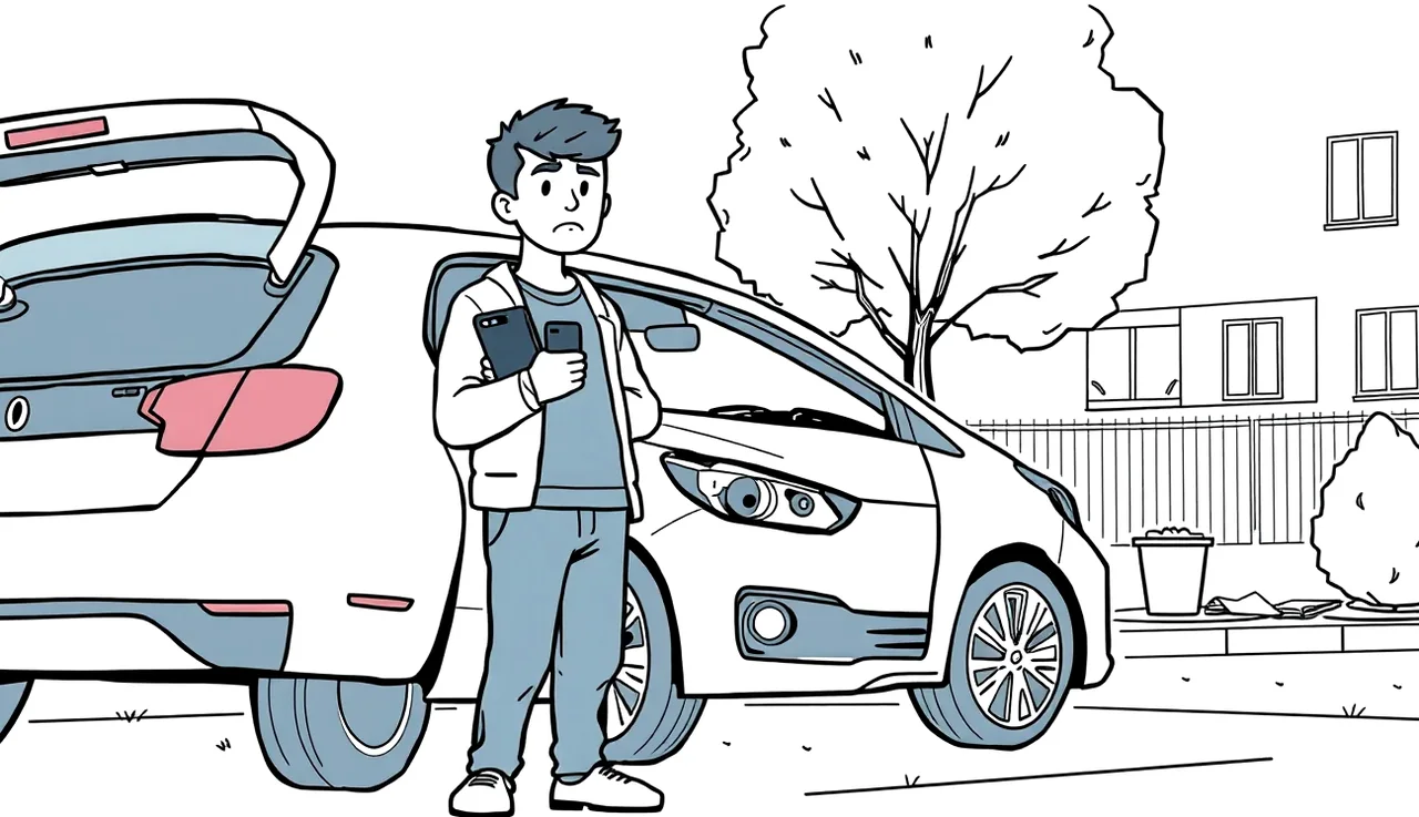 Poškodený predný nárazník služobného automobilu po zrážke na parkovisku