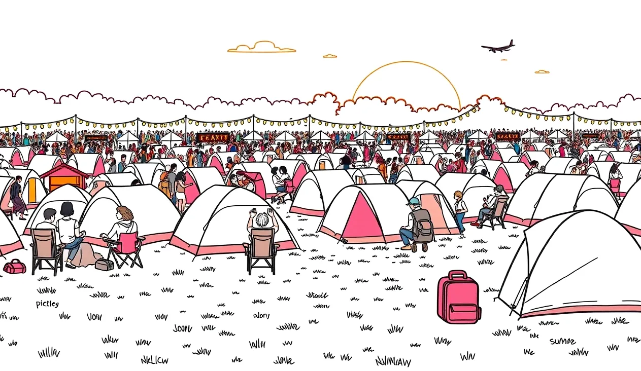 Stanové mestečko na festivale s množstvom farebných stanov postavených tesne vedľa seba