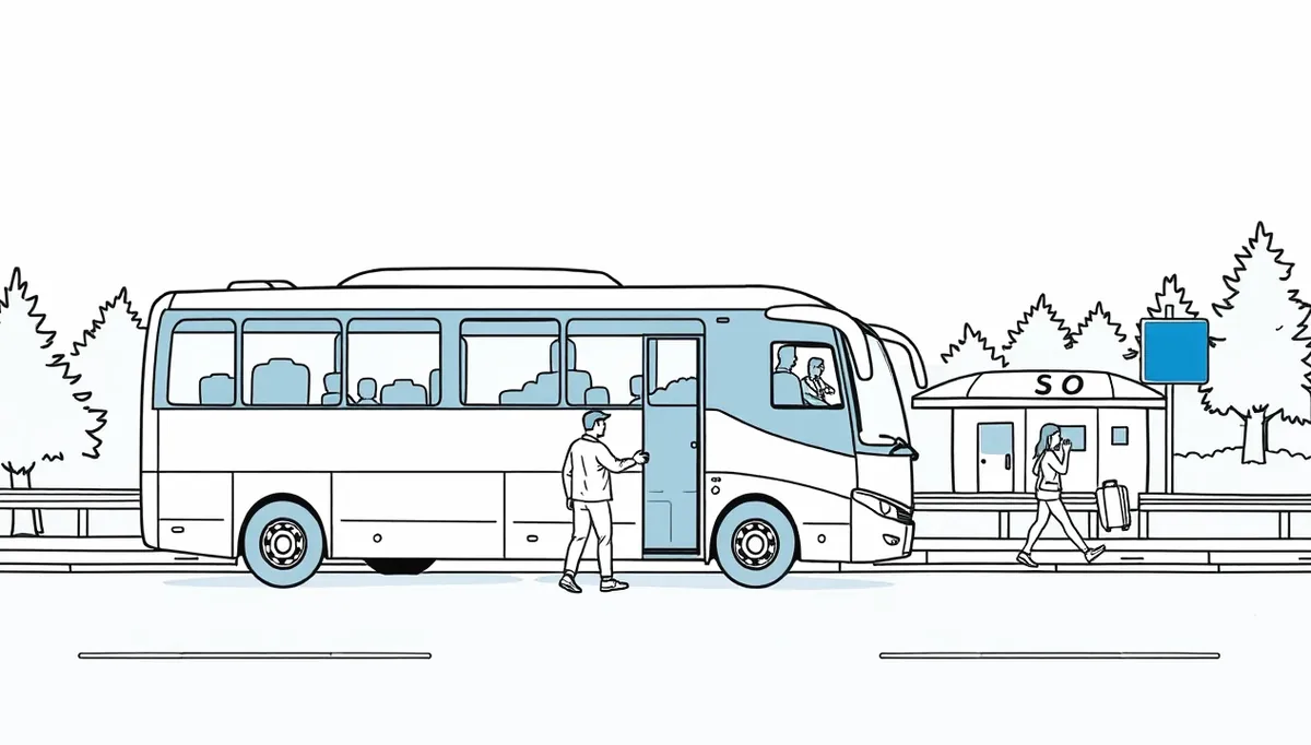 Cestujúci s ruksakom nastupuje po schodíkoch do diaľkového autobusu