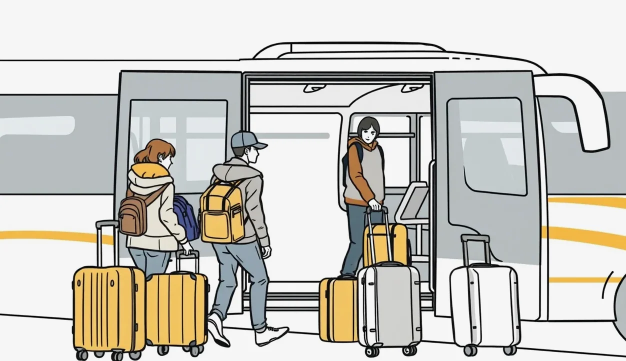 Skupina školákov s učiteľkou nastupuje pred školou do zájazdového autobusu