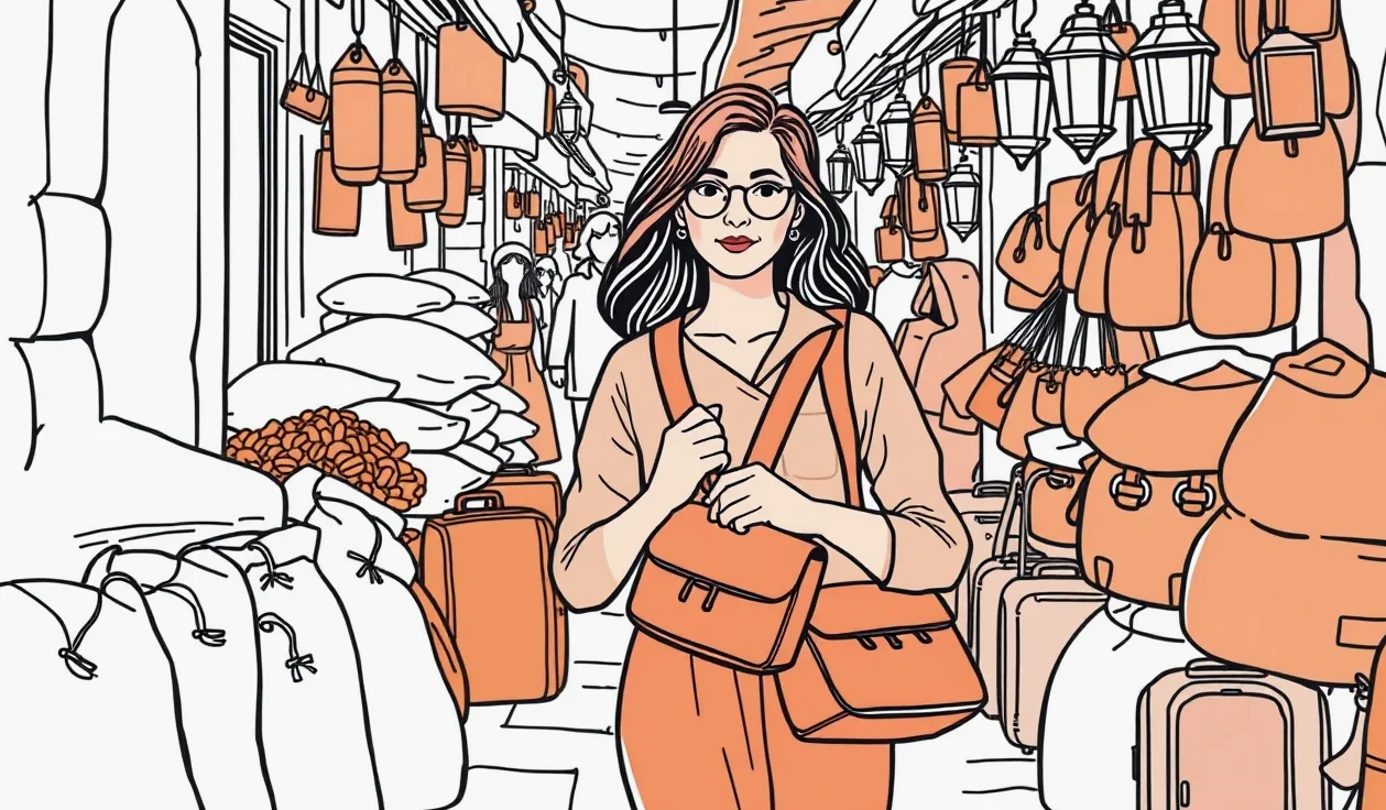 Turistka s fotoaparátom a batohom v uličkách marockého mesta