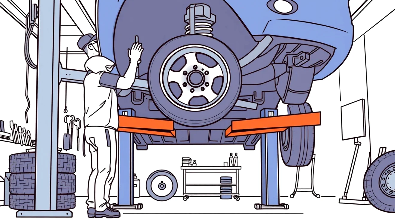 Mechanik v autoservise premeriava poškodený disk kolesa a zavesenie nápravy