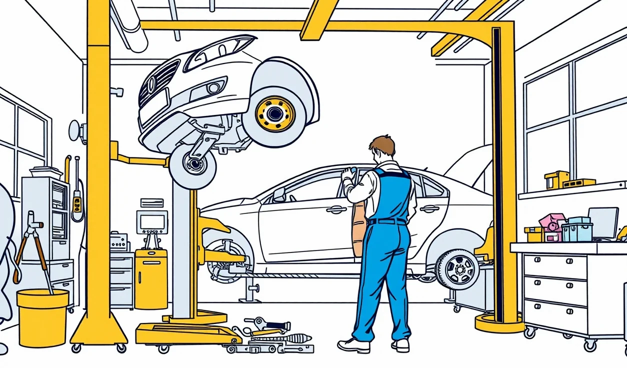 Havarovaný osobný automobil na zdviháku v autoservise počas technologickej opravy