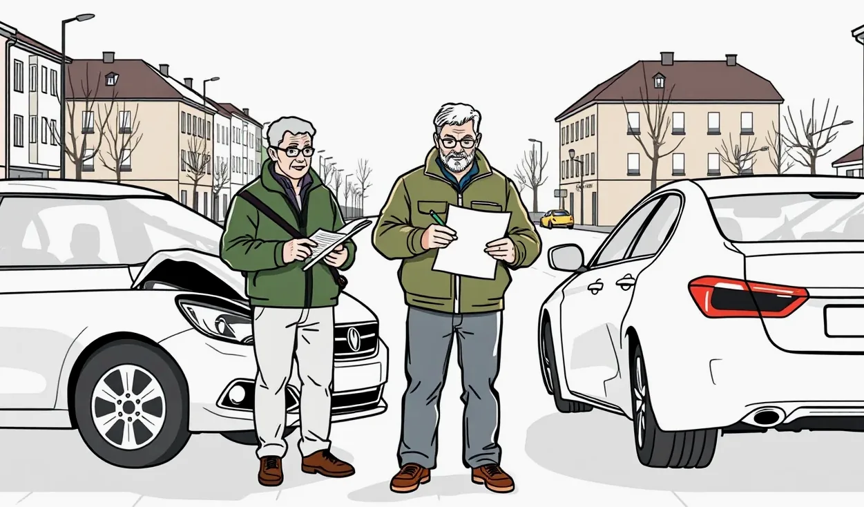 Vodič vypĺňa správu o nehode na kapote poškodeného firemného vozidla
