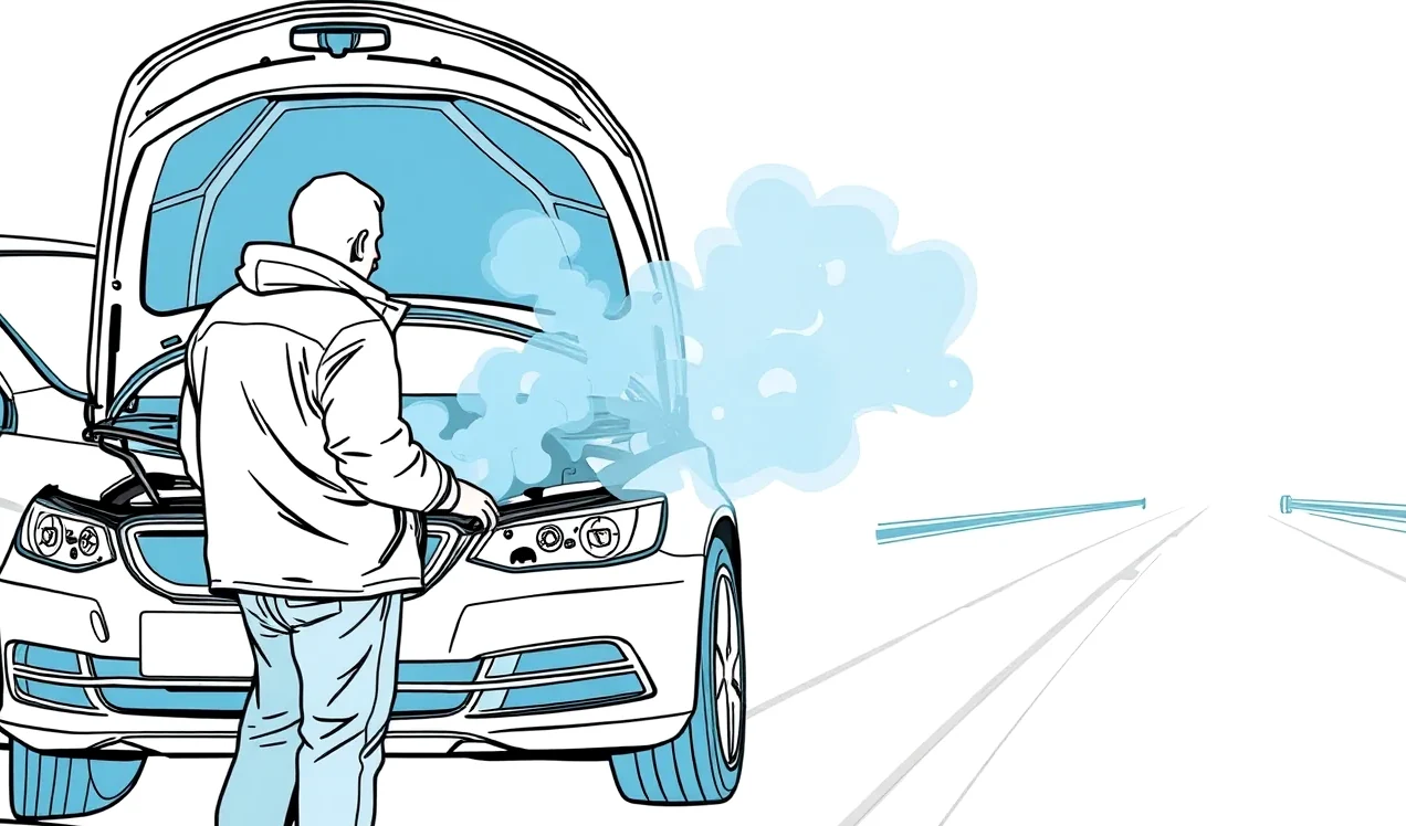 Mechanik v servise kontroluje otvorený motor osobného automobilu