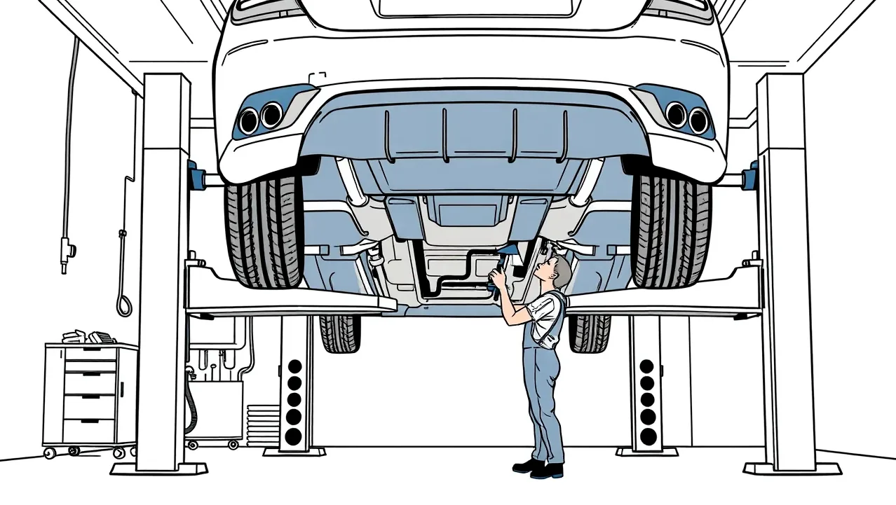 Mechanik v autoservise kontroluje poškodený nárazník osobného auta na zdviháku
