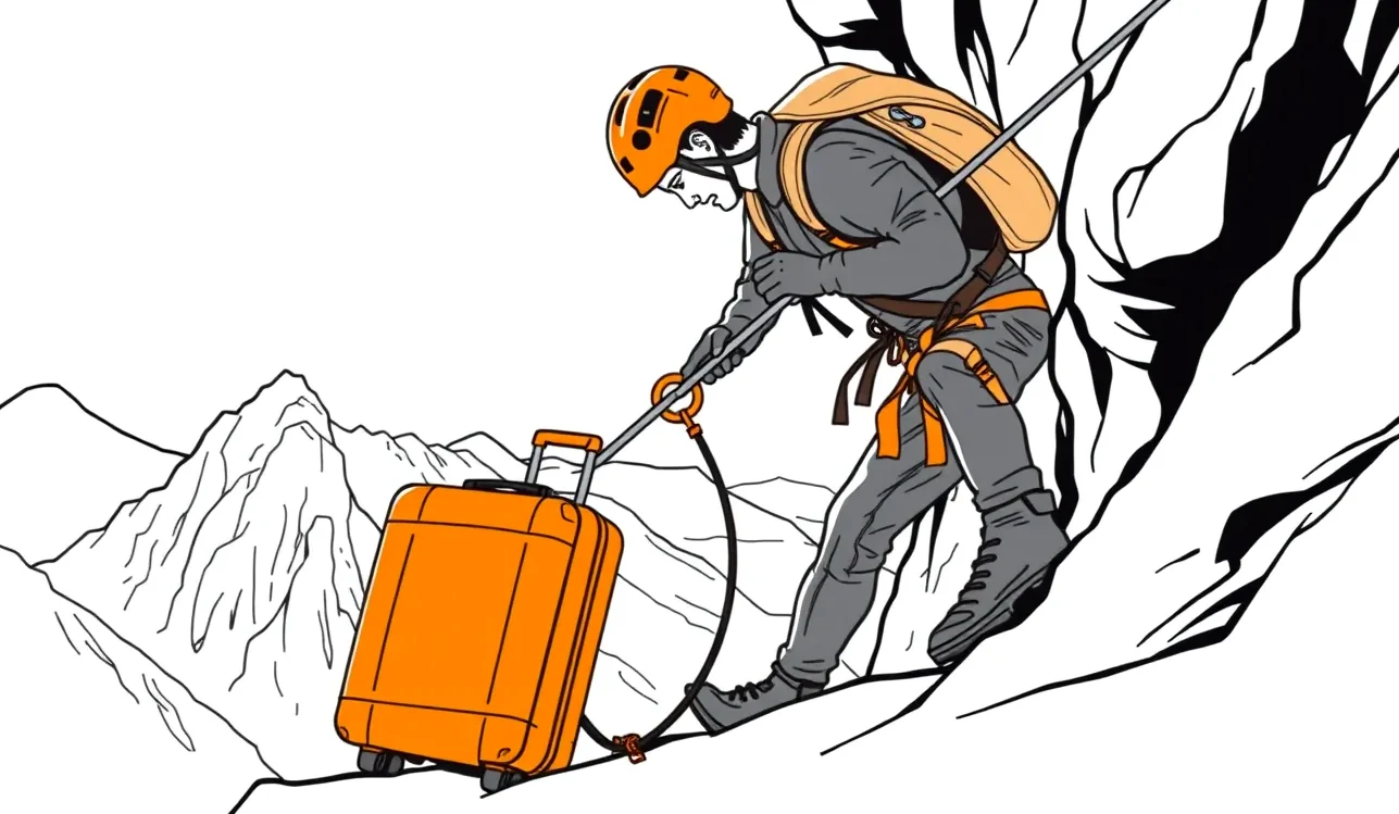 Skialpinista stúpajúci na lyžiach po zasneženom horskom hrebeni v zimnom teréne