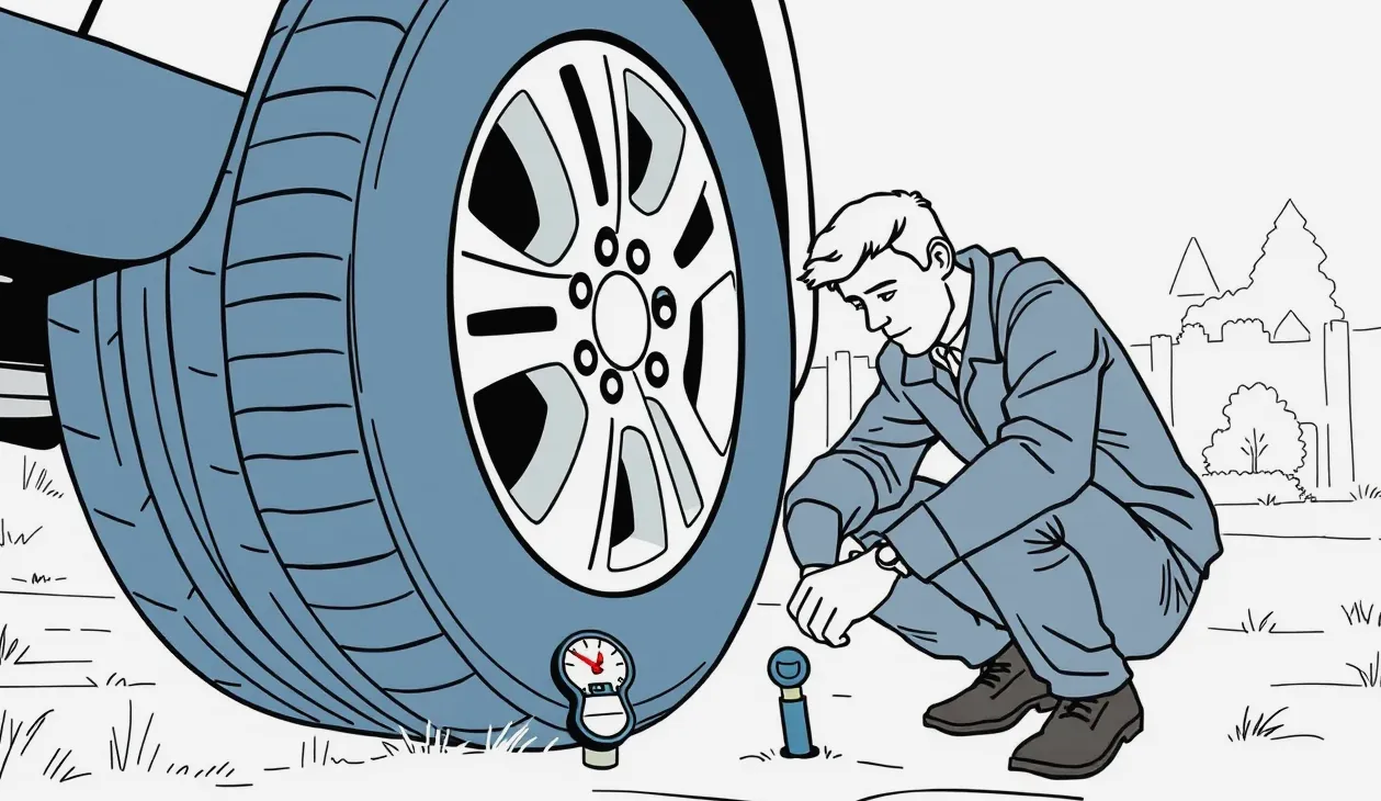 Mechanik cestnej asistenčnej služby opravuje defekt na kolese osobného auta pri krajnici