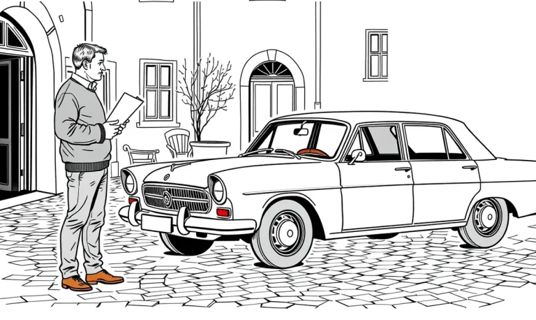 Historický automobil s červenou karosériou a chrómovanými nárazníkmi zaparkovaný pred garážou