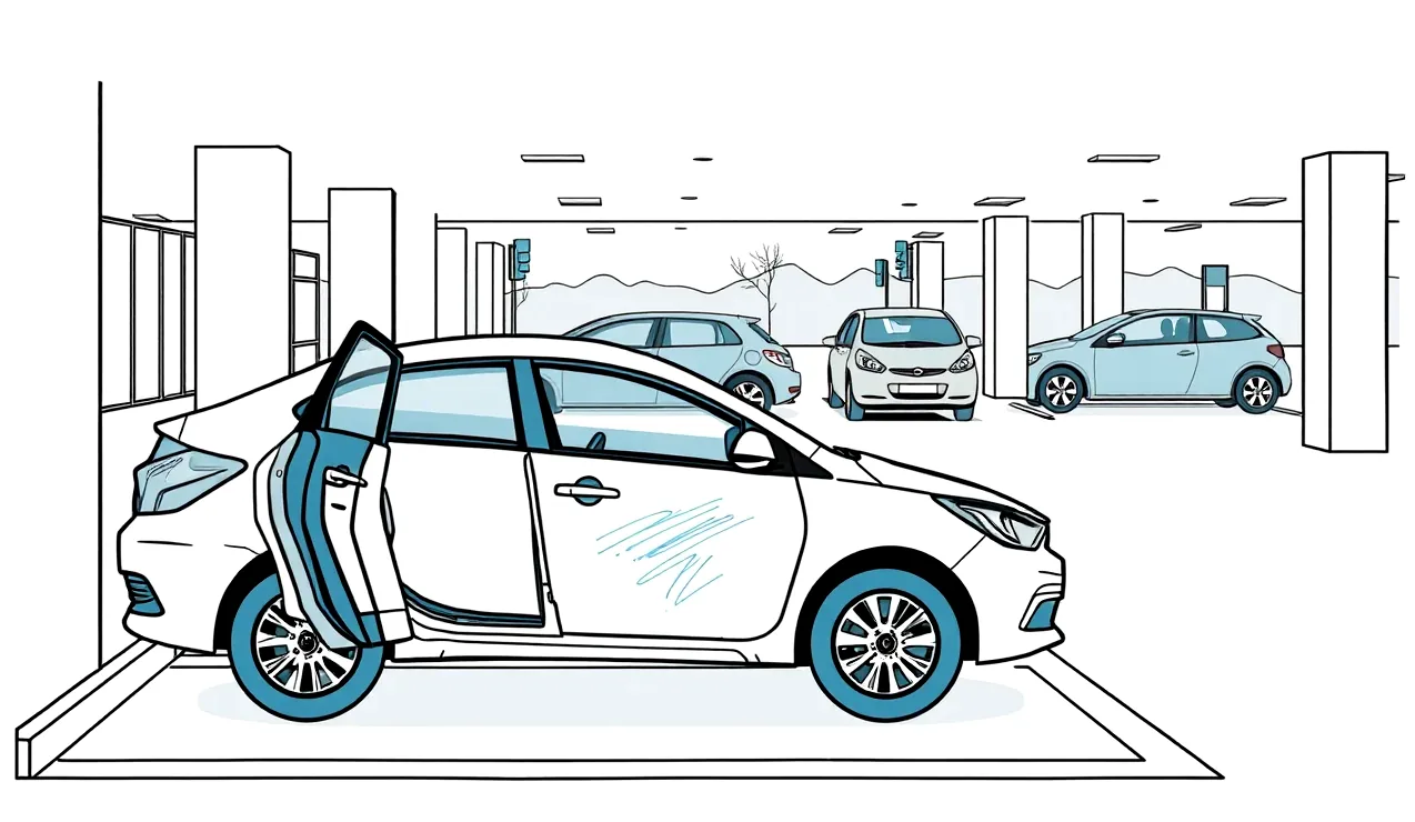 Detail poškodeného nárazníka a čelného skla automobilu po dopravnej nehode na parkovisku