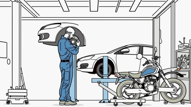 Mechanik kontroluje brzdové kotúče a podvozok osobného auta v autoservise