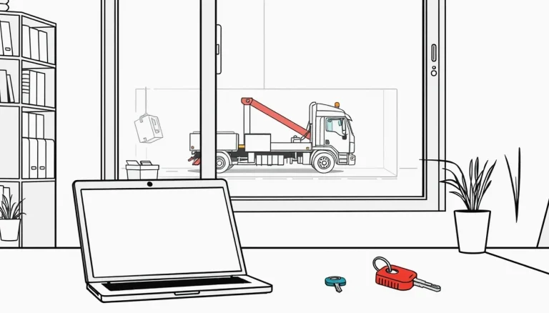 Pracovník odťahovej služby upevňuje nepojazdný osobný automobil popruhmi na ložnú plochu odťahového špeciálu