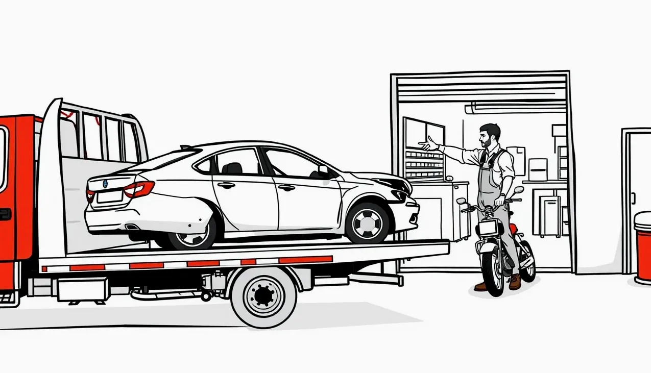 Žlté asistenčné odťahové vozidlo nakladá havarované auto na korbu