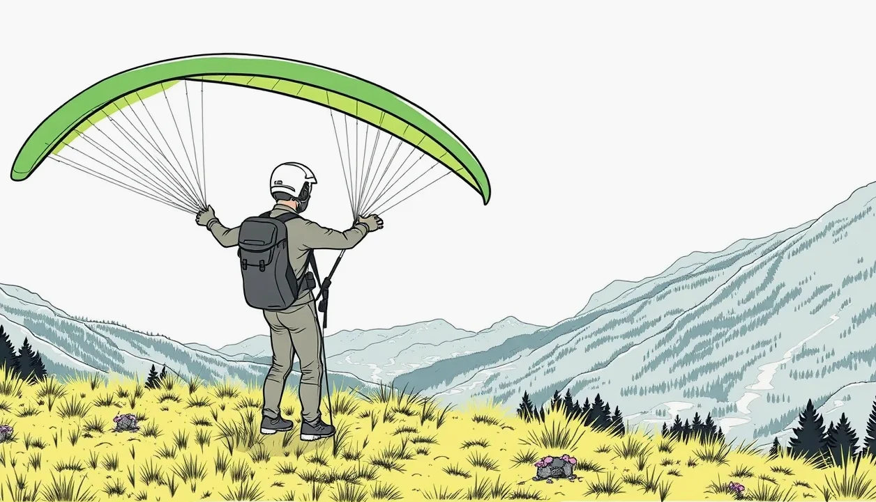 Pilot kontroluje šnúry padákového klzáka pred štartom na horskom hrebeni