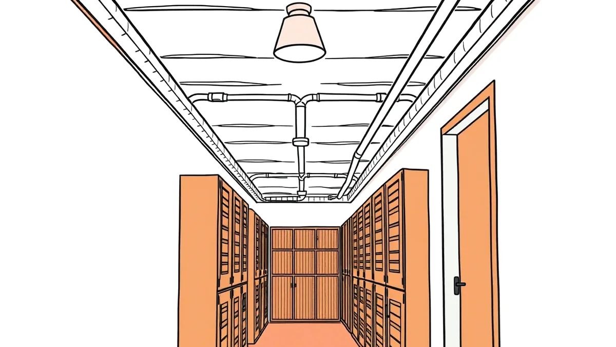 Pivničné kobky s drevenými latkovými stenami a visiacimi zámkami na chodbe v paneláku