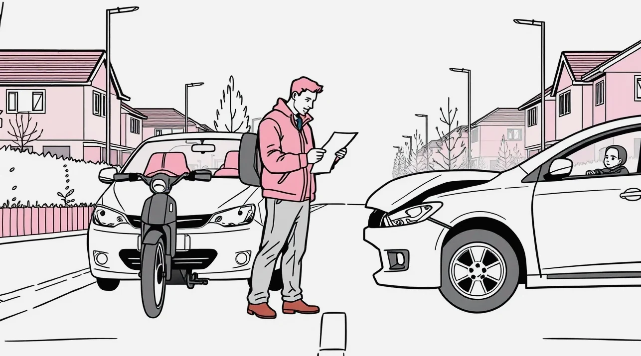 Vodič vypĺňa správu o nehode pri poškodenom automobile