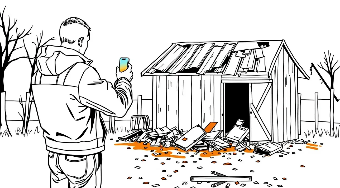 Majiteľ kontroluje stav nosných múrov a krovu na starej hospodárskej budove