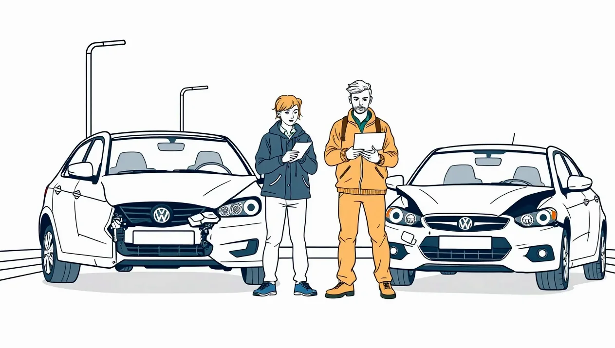Vodič vypĺňa európsku správu o nehode pri poškodenom automobile na ceste
