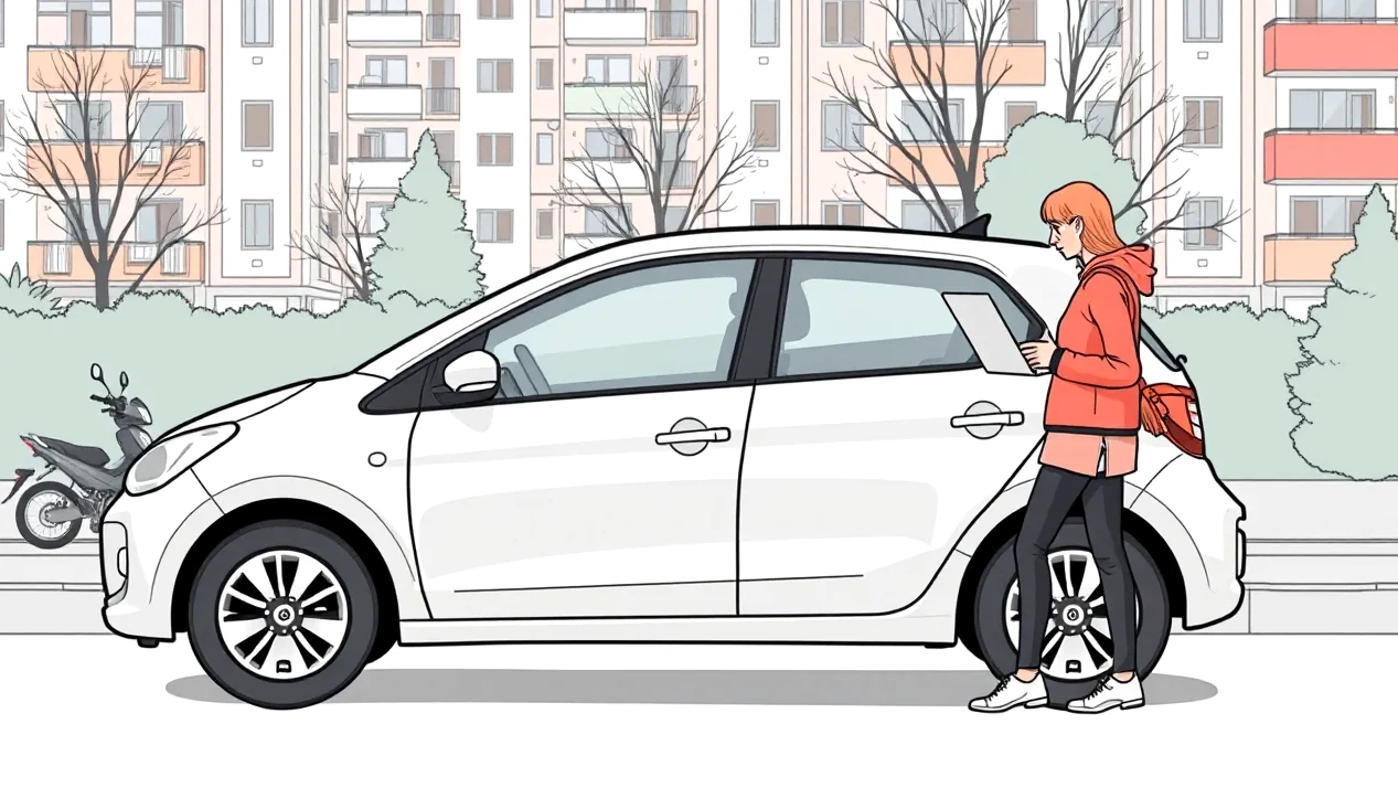 Mladý vodič kontroluje dokumenty od bielej Škody Octavia na parkovisku