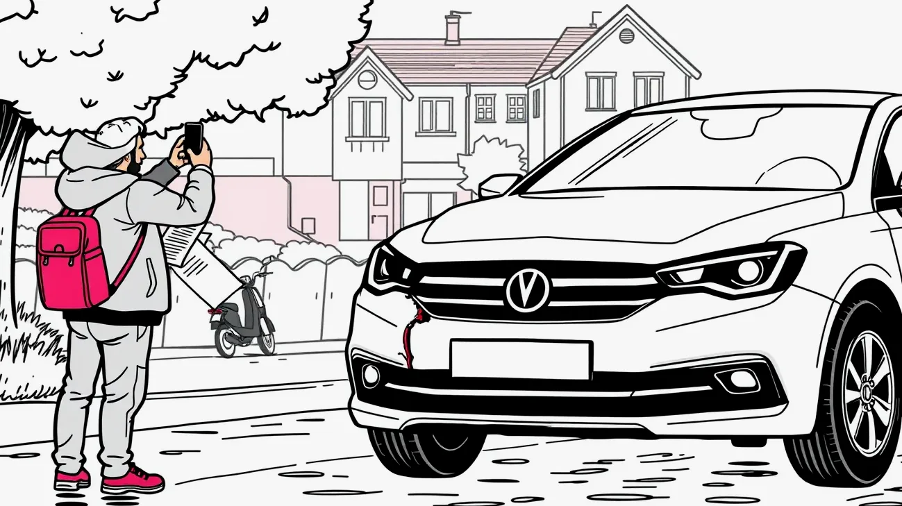 Pohľad na poškodený nárazník auta po kolízii na parkovisku