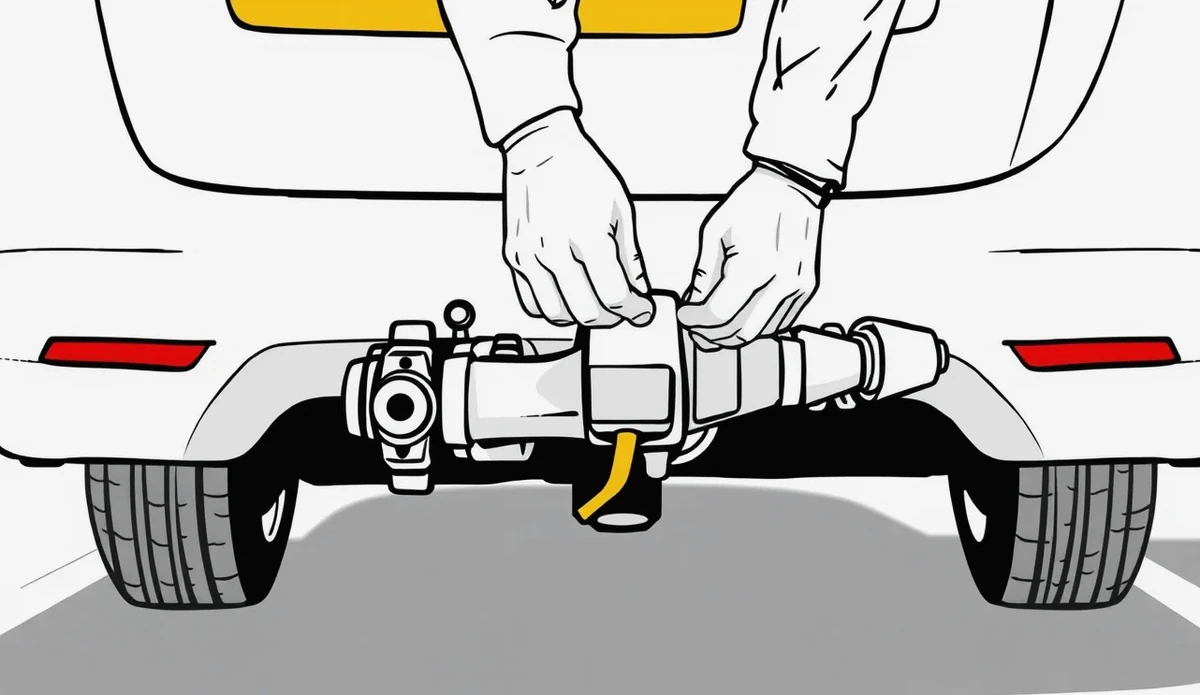 Detail ťažného zariadenia spájajúceho osobné auto a obytný karavan