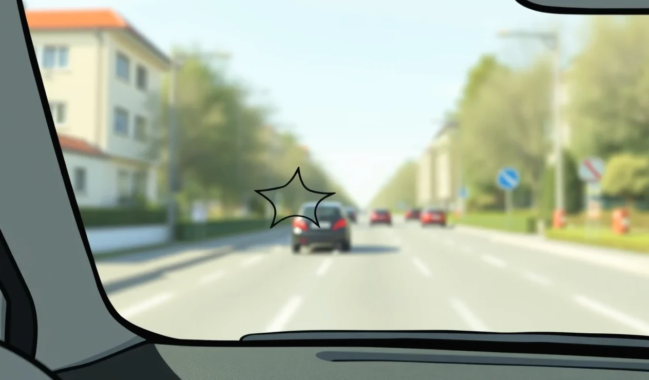 Detail praskliny na čelnom skle automobilu spôsobenej odleteným kameňom