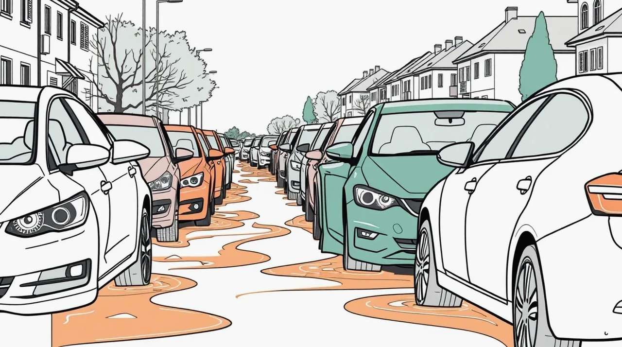 Zaplavené osobné auto stojace v hlbokej vode na zatopenej ulici po prívalovom daždi