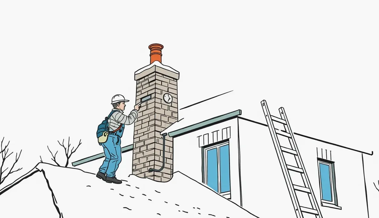 Zasnežená šikmá strecha rodinného domu so snehovými zábranami a komínom