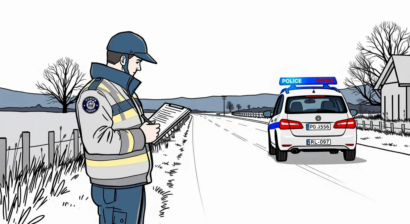 Policajná hliadka dokumentuje stopu a poškodenie vozidla na krajnici po nehode